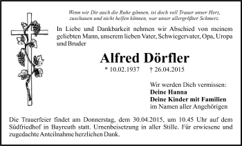 Anzeige von Alfred Dörfler von Nordbayerischer Kurier