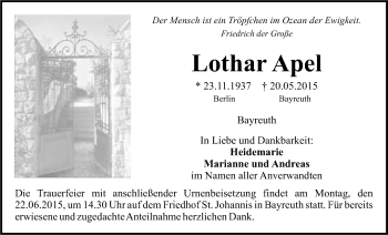 Anzeige von Lothar Apel von Nordbayerischer Kurier