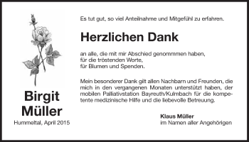 Anzeige von Birgit Müller von Nordbayerischer Kurier