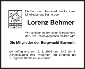 Anzeige von Lorenz Behmer von Nordbayerischer Kurier