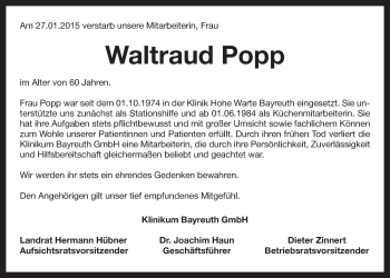 Anzeige von Waltraud Popp von Nordbayerischer Kurier
