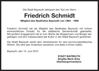 Anzeige von Friedrich Schmidt von Nordbayerischer Kurier