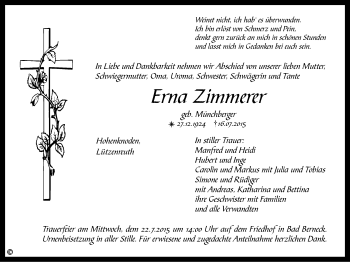 Anzeige von Erna Zimmerer von Nordbayerischer Kurier