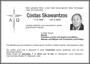Anzeige von Costas Skawantzos von Nordbayerischer Kurier