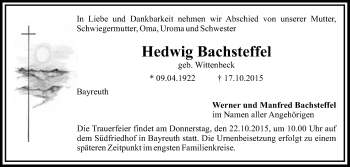 Anzeige von Hedwig Bachsteffel von Nordbayerischer Kurier