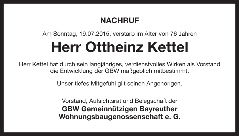  Traueranzeige für Ottheinz Kettel vom 13.08.2015 aus Nordbayerischer Kurier