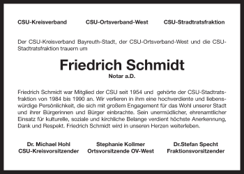 Anzeige von Friedrich Schmidt von Nordbayerischer Kurier