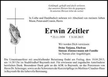 Anzeige von Erwin Zeitler von Nordbayerischer Kurier