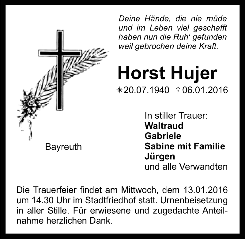  Traueranzeige für Horst Hujer vom 11.01.2016 aus Nordbayerischer Kurier