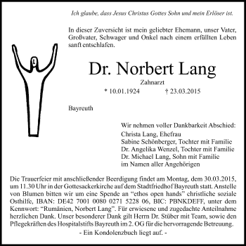 Anzeige von Norbert Lang von Nordbayerischer Kurier