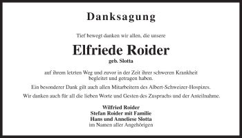Anzeige von Elfriede Roider von Nordbayerischer Kurier