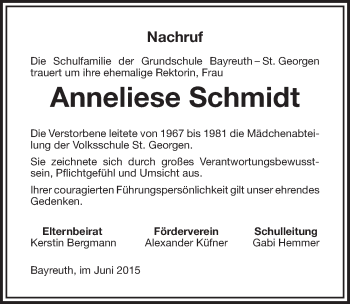 Anzeige von Anneliese Schmidt von Nordbayerischer Kurier