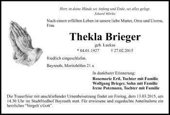Anzeige von Thekla Brieger von Nordbayerischer Kurier