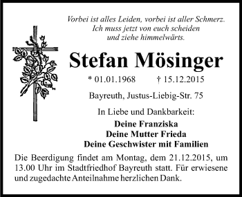 Anzeige von Stefan Mösinger von Nordbayerischer Kurier