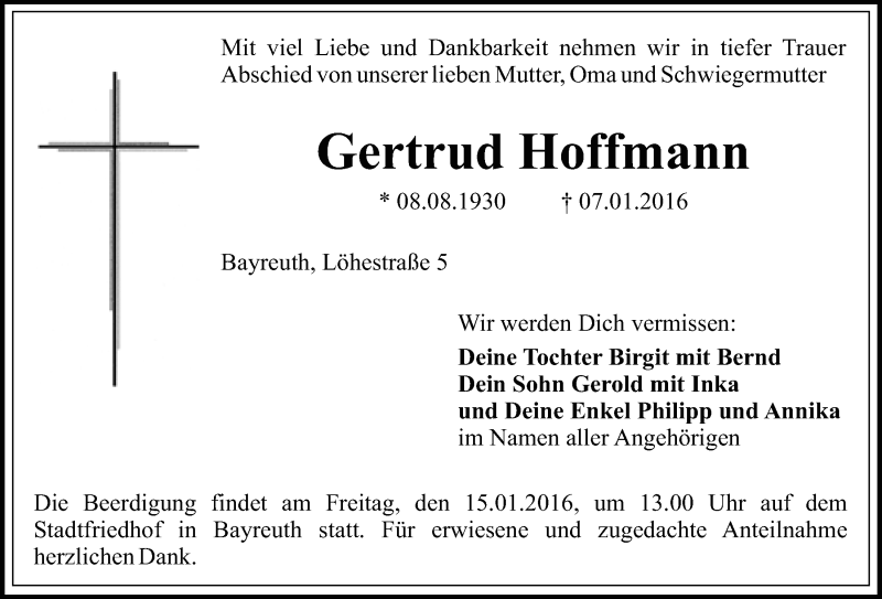  Traueranzeige für Gertrud Hoffmann vom 13.01.2016 aus Nordbayerischer Kurier