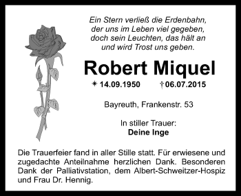 Anzeige von Robert Miquel von Nordbayerischer Kurier