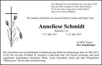 Anzeige von Anneliese Schmidt von Nordbayerischer Kurier