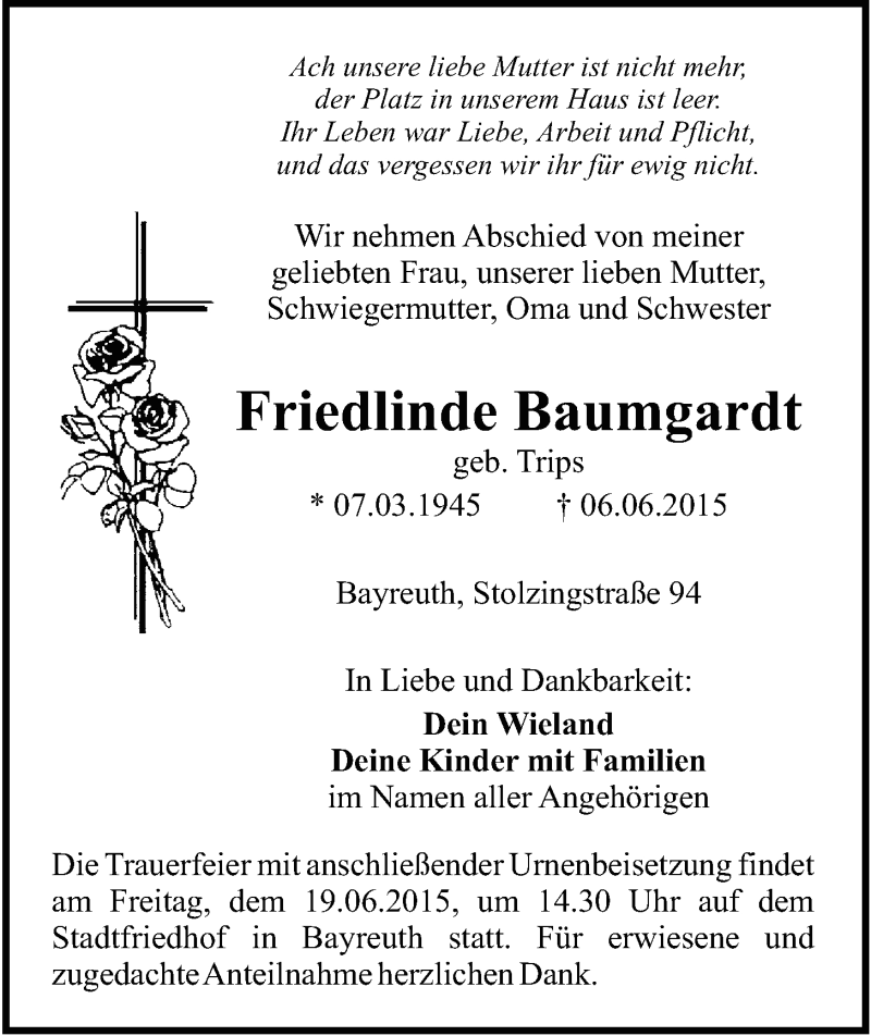  Traueranzeige für Friedlinde Baumgardt vom 16.06.2015 aus Nordbayerischer Kurier