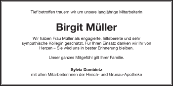 Anzeige von Birgit Müller von Nordbayerischer Kurier
