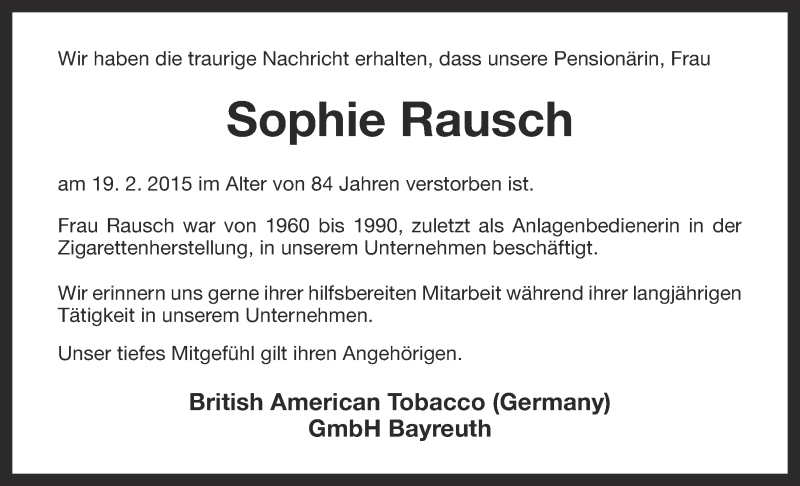  Traueranzeige für Sophie Rausch vom 21.02.2015 aus Nordbayerischer Kurier