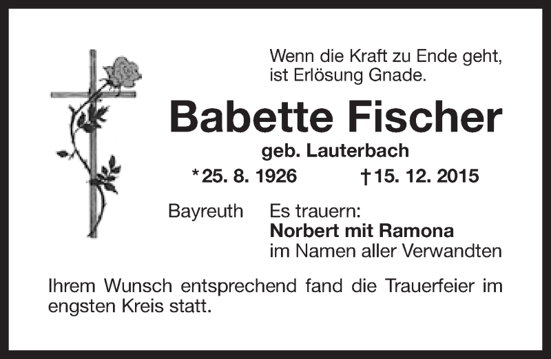  Traueranzeige für Babette Fischer vom 24.12.2015 aus Nordbayerischer Kurier