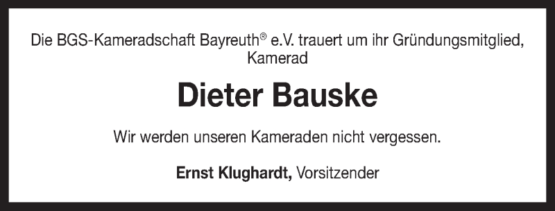  Traueranzeige für Dieter Bauske vom 28.02.2015 aus Nordbayerischer Kurier