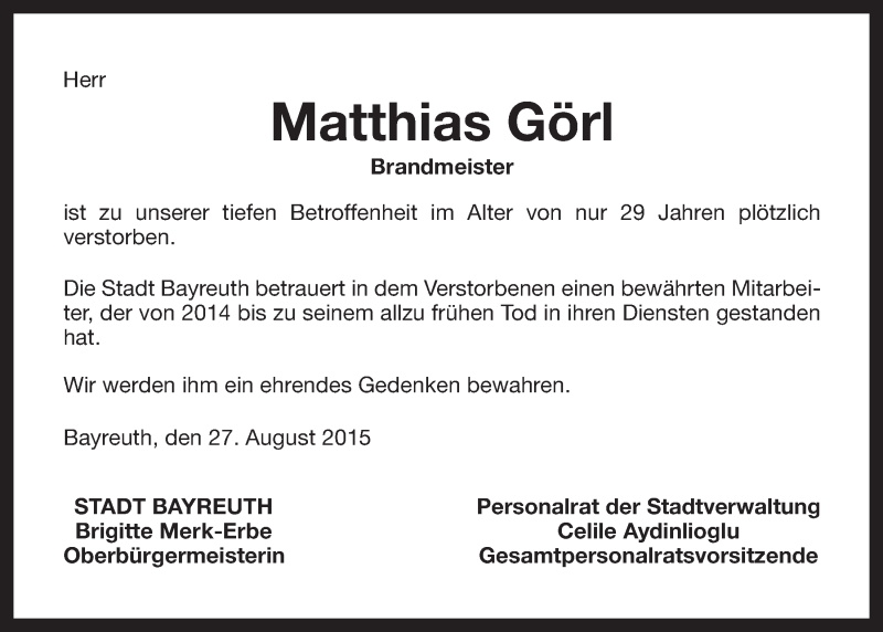  Traueranzeige für Matthias Görl vom 27.08.2015 aus Nordbayerischer Kurier