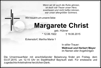 Anzeige von Margarete Christ von Nordbayerischer Kurier