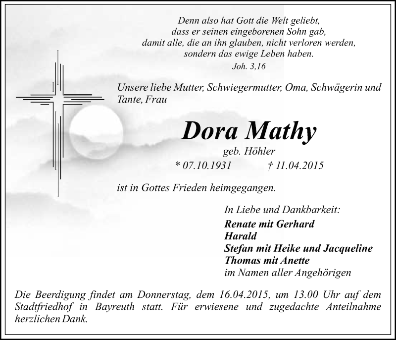  Traueranzeige für Dora Mathy vom 14.04.2015 aus Nordbayerischer Kurier