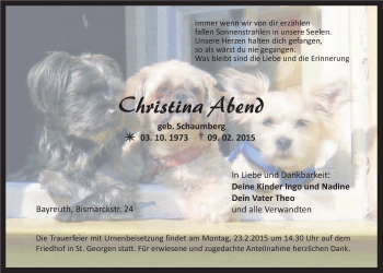 Anzeige von Christina Abend von Nordbayerischer Kurier