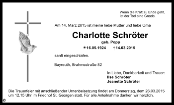 Anzeige von Charlotte Schröter von Nordbayerischer Kurier