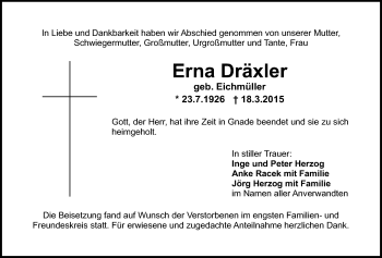 Anzeige von Erna Dräxler von Nordbayerischer Kurier