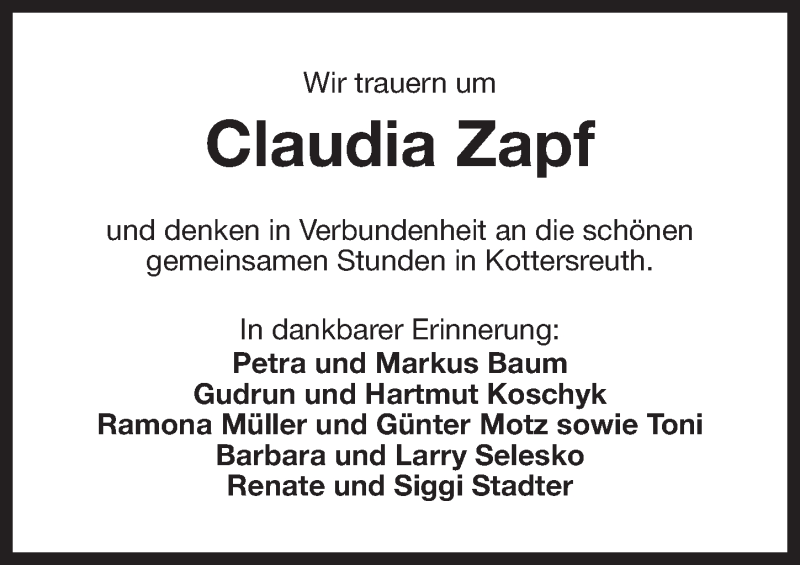  Traueranzeige für Claudia Zapf vom 25.03.2015 aus Nordbayerischer Kurier