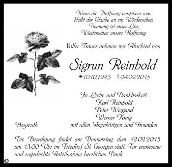 Anzeige von Sigrun Reinhold von Nordbayerischer Kurier