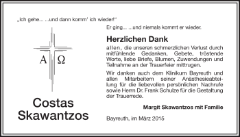 Anzeige von Costas Skawantzos von Nordbayerischer Kurier