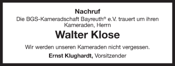 Anzeige von Walter Klose von Nordbayerischer Kurier