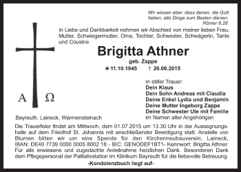 Anzeige von Brigitta Athner von Nordbayerischer Kurier