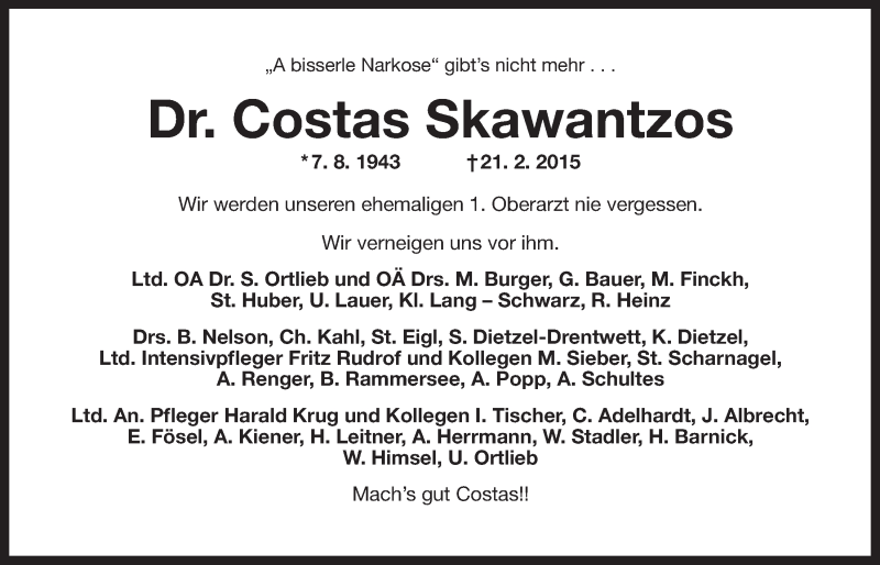  Traueranzeige für Costas Skawantzos vom 07.03.2015 aus Nordbayerischer Kurier