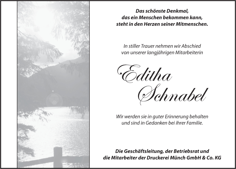  Traueranzeige für Editha Schnabel vom 01.12.2012 aus Nordbayerischer Kurier