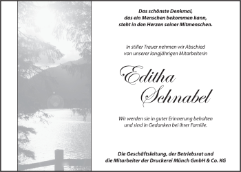 Anzeige von Editha Schnabel von Nordbayerischer Kurier