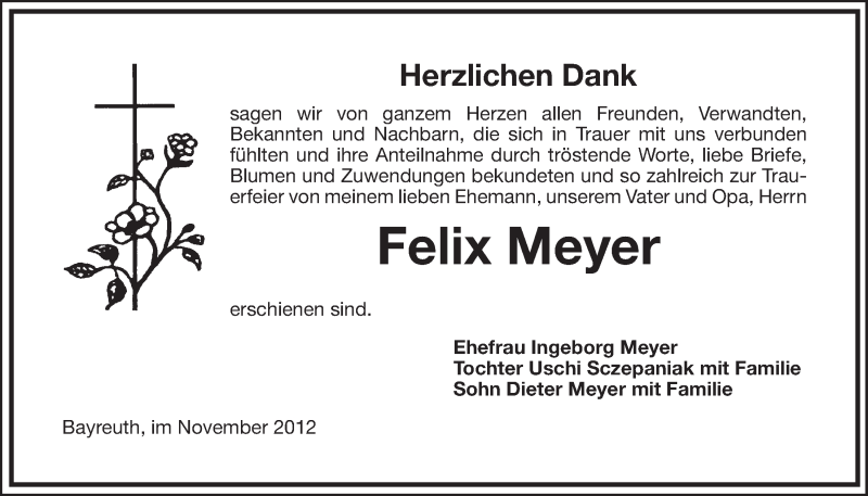  Traueranzeige für Felix Meyer vom 29.11.2012 aus Nordbayerischer Kurier