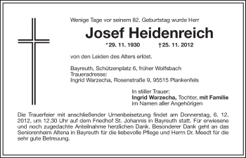 Anzeige von Josef Heidenreich von Nordbayerischer Kurier