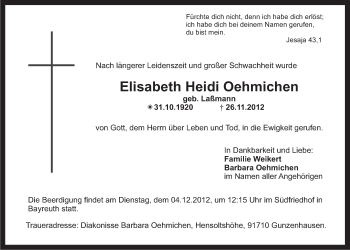 Anzeige von Elisabeth Oehmichen von Nordbayerischer Kurier