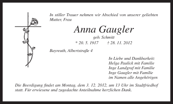 Anzeige von Anna Gaugler von Nordbayerischer Kurier