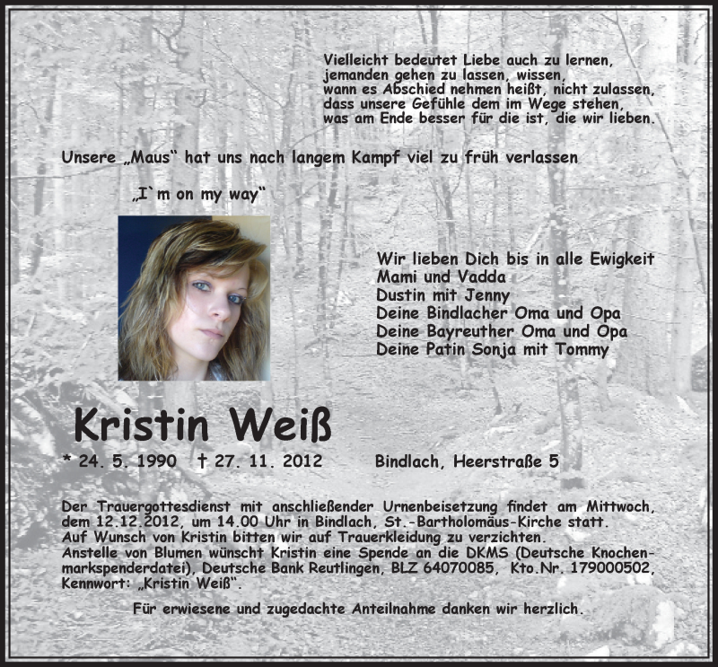  Traueranzeige für Kristin Weiß vom 06.12.2012 aus Nordbayerischer Kurier