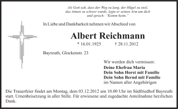 Anzeige von Albert Reichmann von Nordbayerischer Kurier