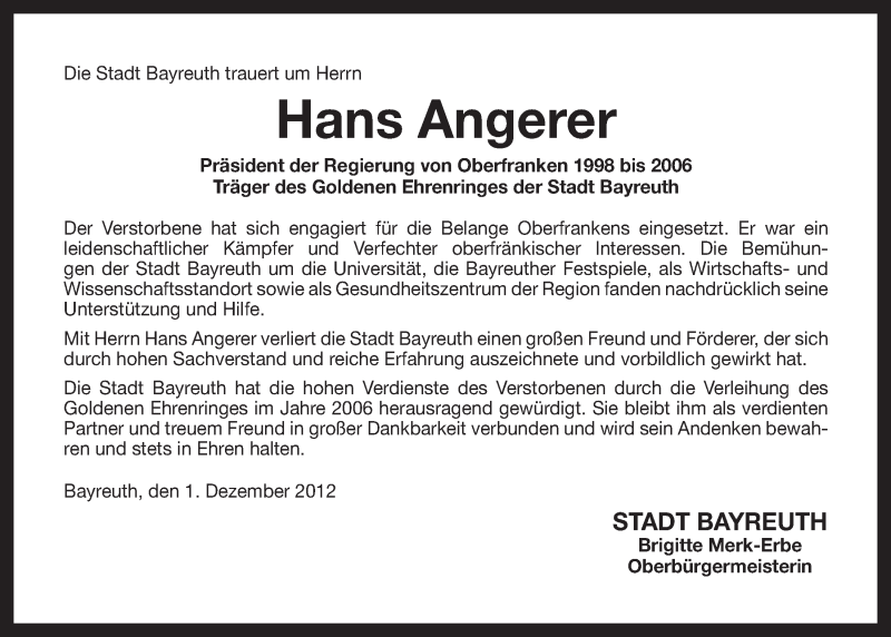  Traueranzeige für Hans Angerer vom 01.12.2012 aus Nordbayerischer Kurier