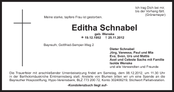 Anzeige von Editha Schnabel von Nordbayerischer Kurier