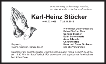 Anzeige von Karl-Heinz Stöcker von Nordbayerischer Kurier