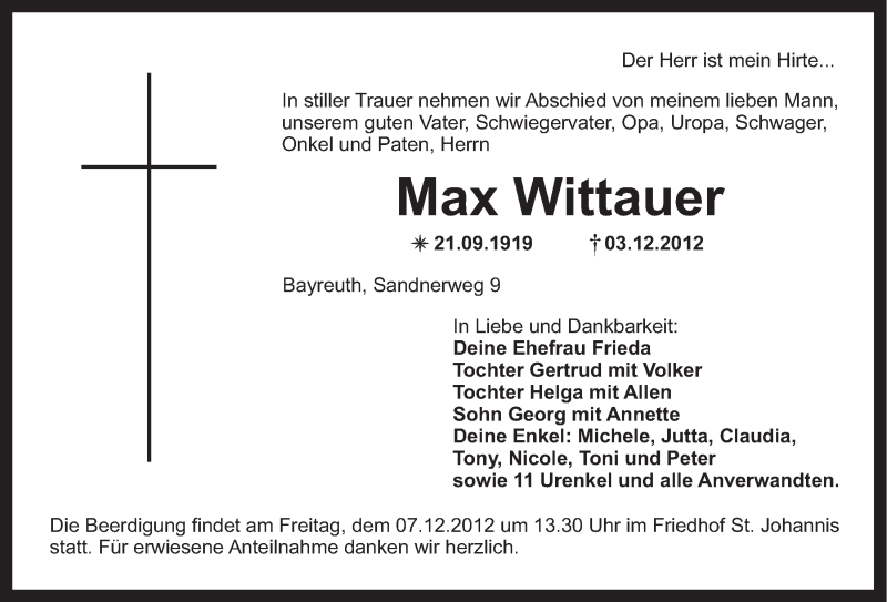  Traueranzeige für Max Wittauer vom 05.12.2012 aus Nordbayerischer Kurier